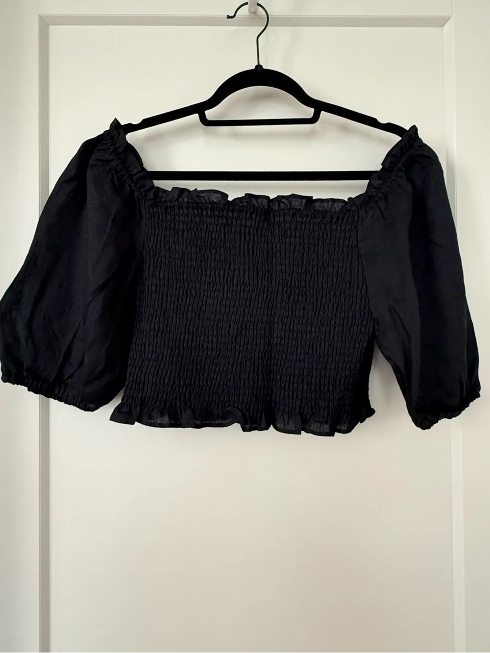 Boden Black Linen Smocked Off-Shoulder Puff Sleeve Crop Top